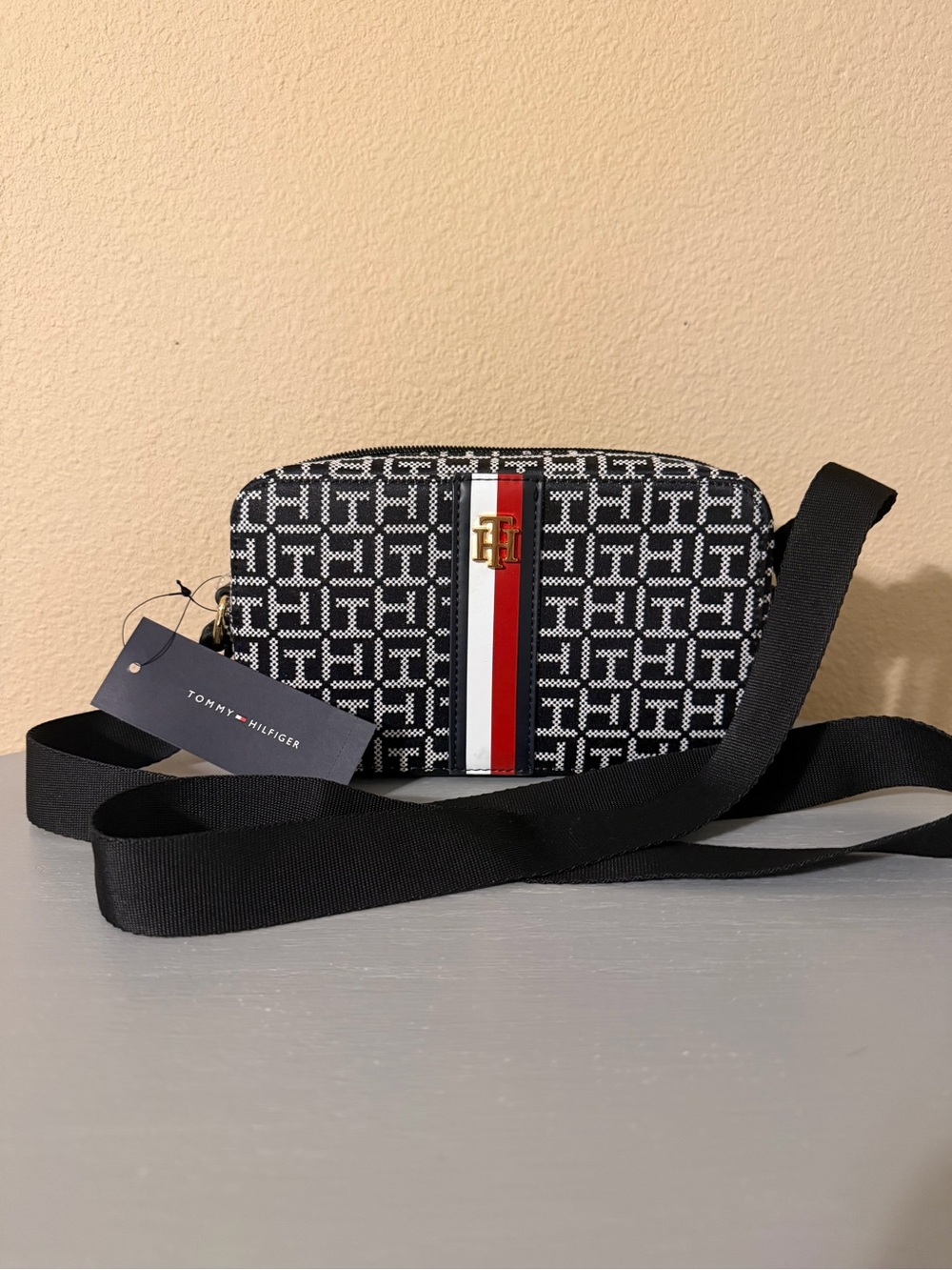 Tommy Hilfiger Black Monogram Belt Bag with Red & White Center Stripe